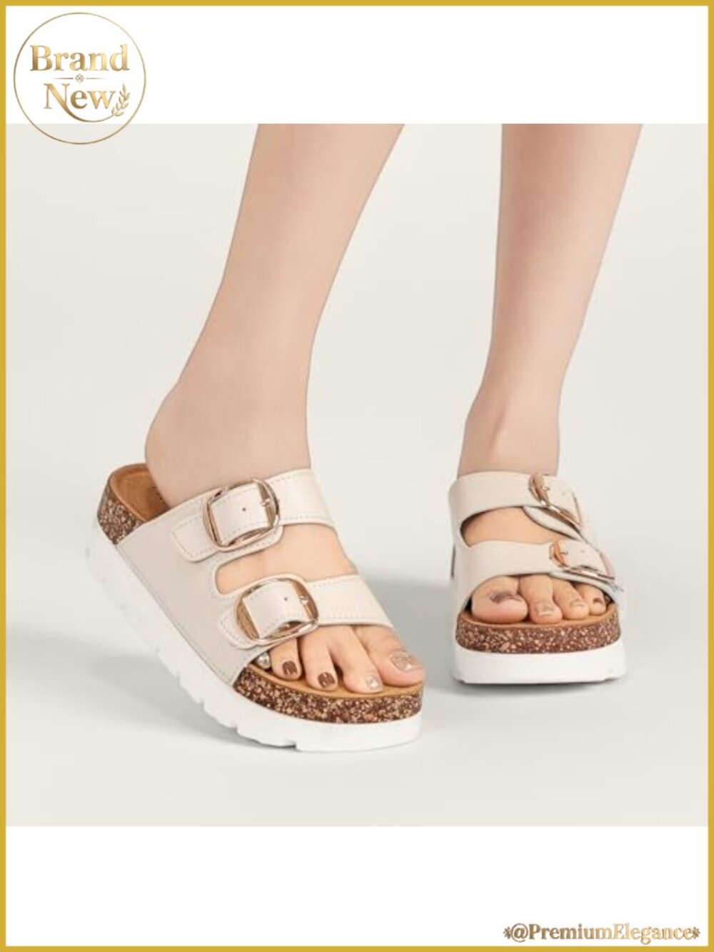 Women's Platform Sandals Cork Footbed Slides Double Buckles Open Toe - Picture 4 of 6